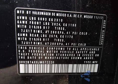 2018 Volkswagen Tiguan 2.0T Se/2.0T Sel z USA, uszkodzony, nr VIN 3VV2B7AXXJM072220